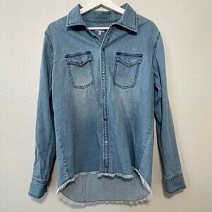 Tobi Womens Blue Blouse Chambray Longsleeve 100% Cotton Raw Hem Top Size Medium
